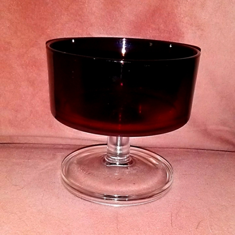 Vintage French Glass Ruby Red Footed Dessert Bowl Arcoroc France MCM Fruit Dish